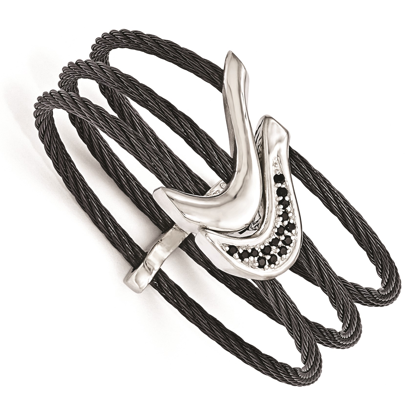 FB Jewels Edward Mirell Black Titanium w Sterling Silver Black Spinel Cable Flexible Ring FB Jewels Edward Mirell Black Titanium w Sterling Silver Black Spinel Cable Flexible Ring